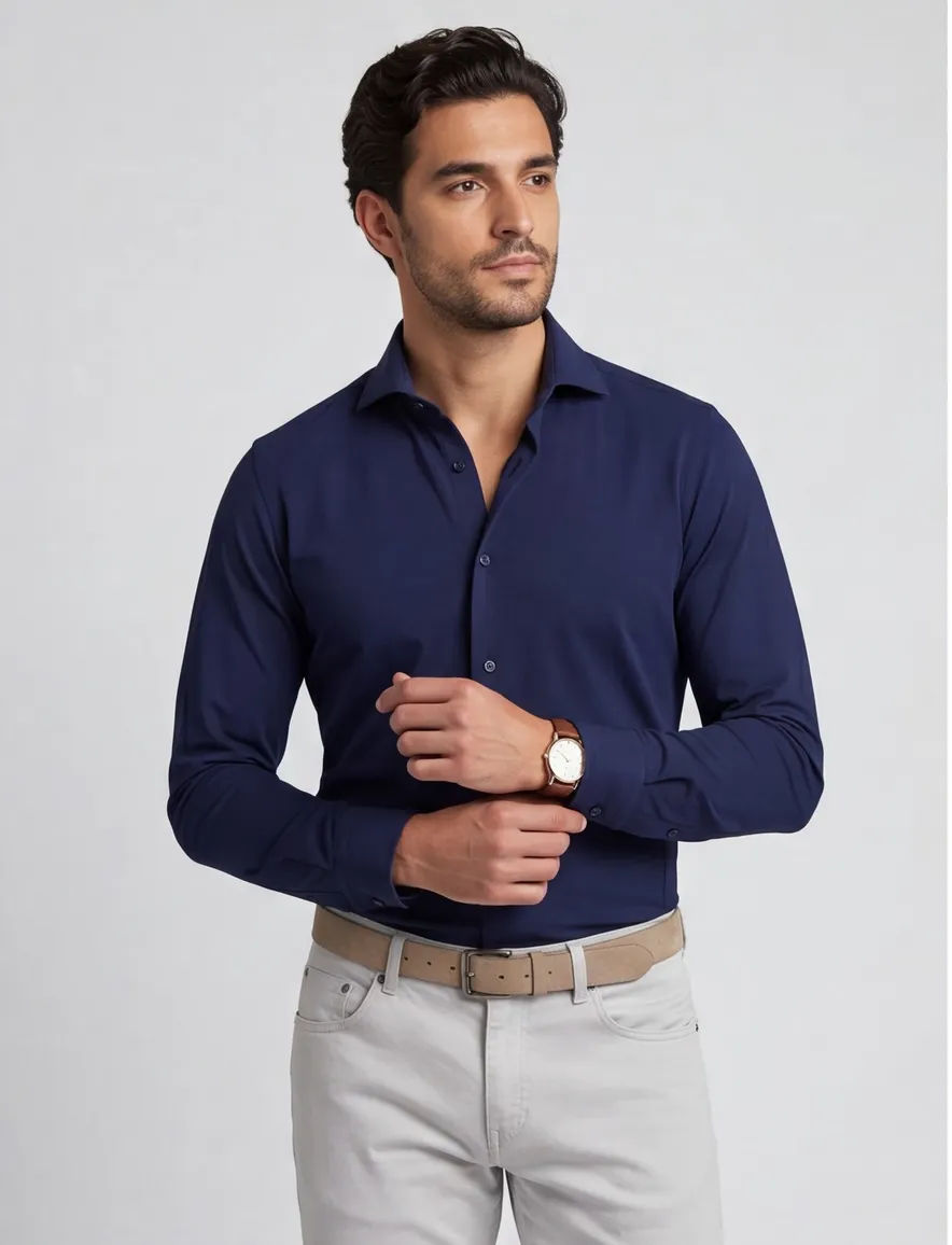 Overhemd mouwlengte 7 Ledub Modern Fit normale fit donkerblauw effen