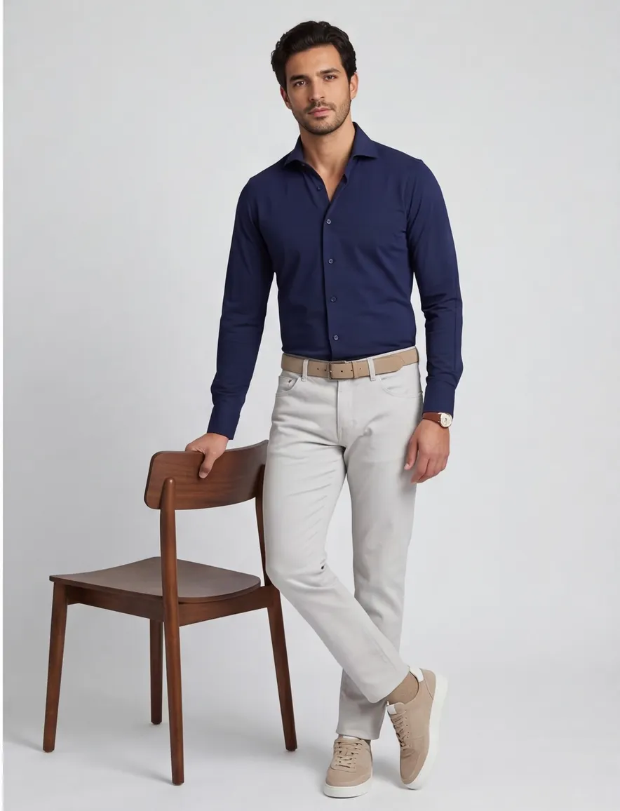 Overhemd mouwlengte 7 Ledub Modern Fit normale fit donkerblauw effen
