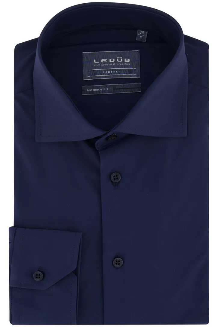 Ledub overhemd mouwlengte 7 Modern Fit donkerblauw effen normale fit
