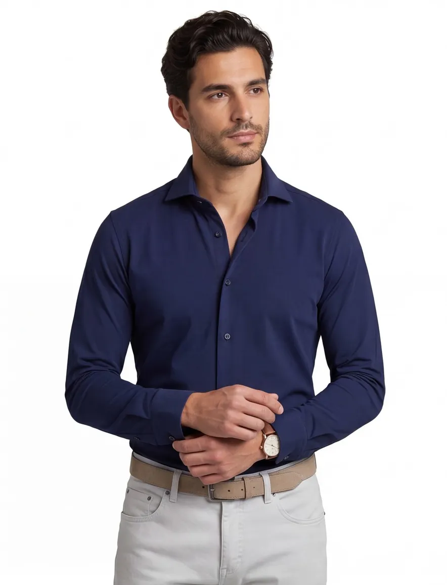 Overhemd mouwlengte 7 Ledub Modern Fit normale fit donkerblauw effen