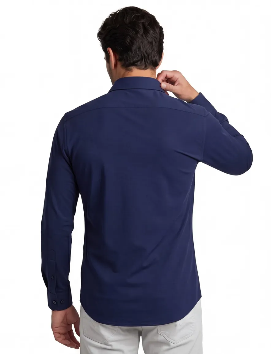 Overhemd mouwlengte 7 Ledub Modern Fit normale fit donkerblauw effen
