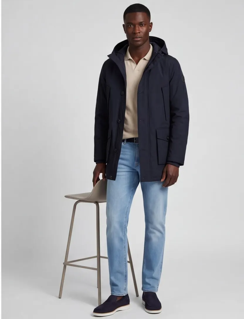 Airforce winterjas donkerblauw slim fit effen rits + knoop