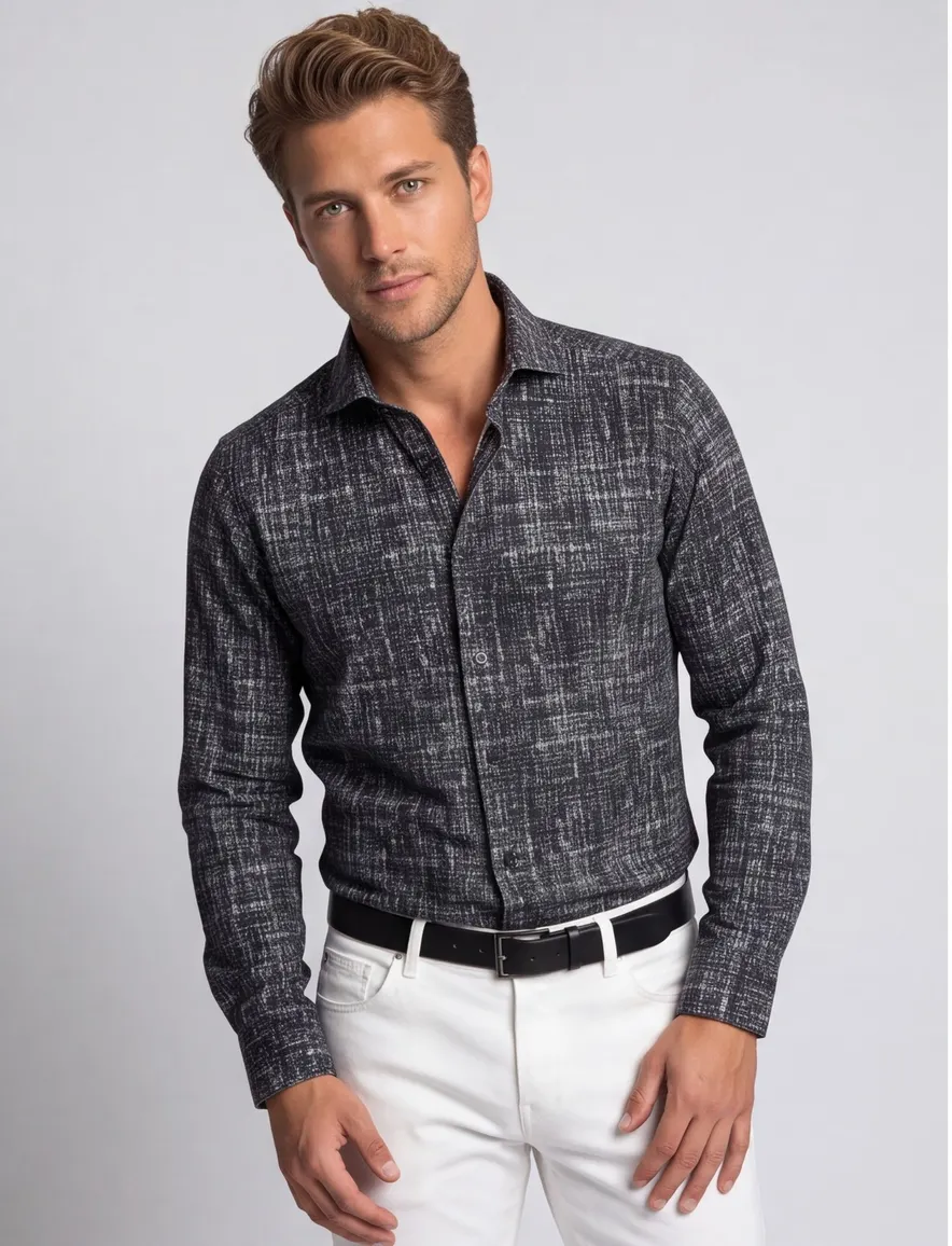 casual overhemd Blue Industry zwart geprint katoen slim fit