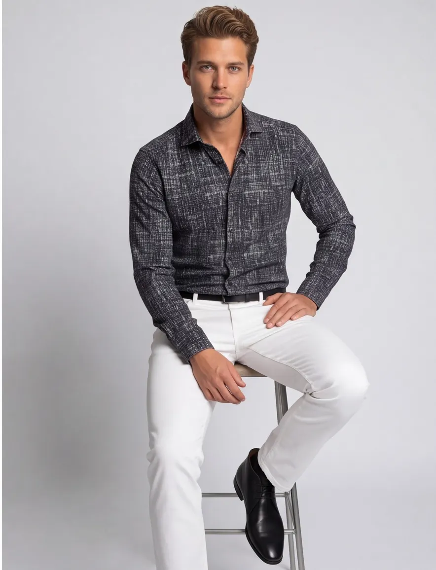 casual overhemd Blue Industry zwart geprint katoen slim fit
