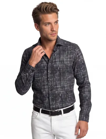 Blue Industry casual overhemd Blue Industry zwart geprint katoen slim fit