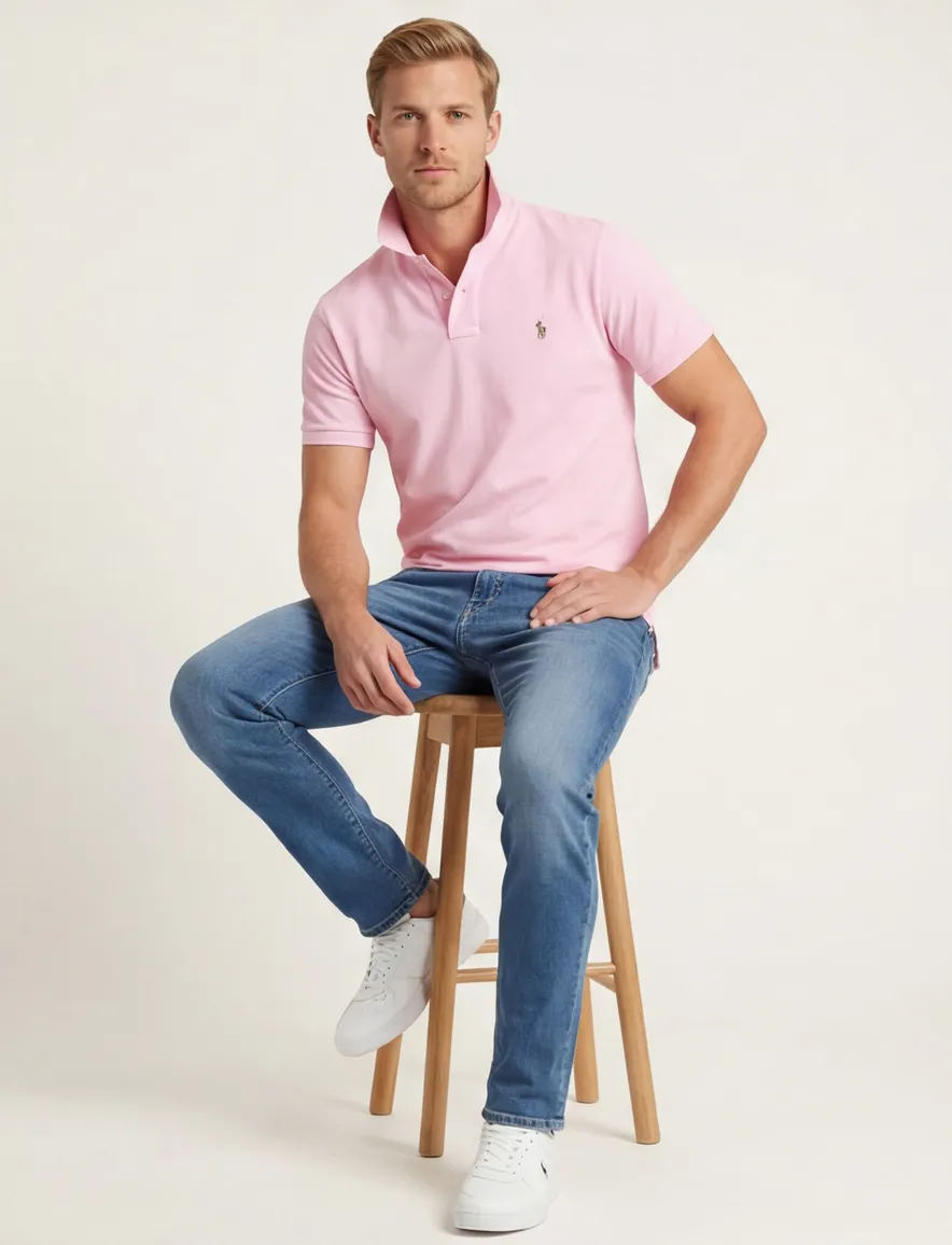 polo Polo Ralph Lauren Custom Slim Fit roze effen katoen normale fit