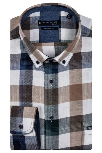 Giordano Giordano casual overhemd donkerblauw beige geruit katoen wijde fit