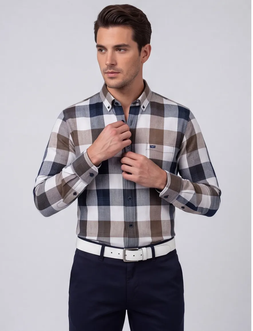casual overhemd Giordano beige geruit katoen wijde fit