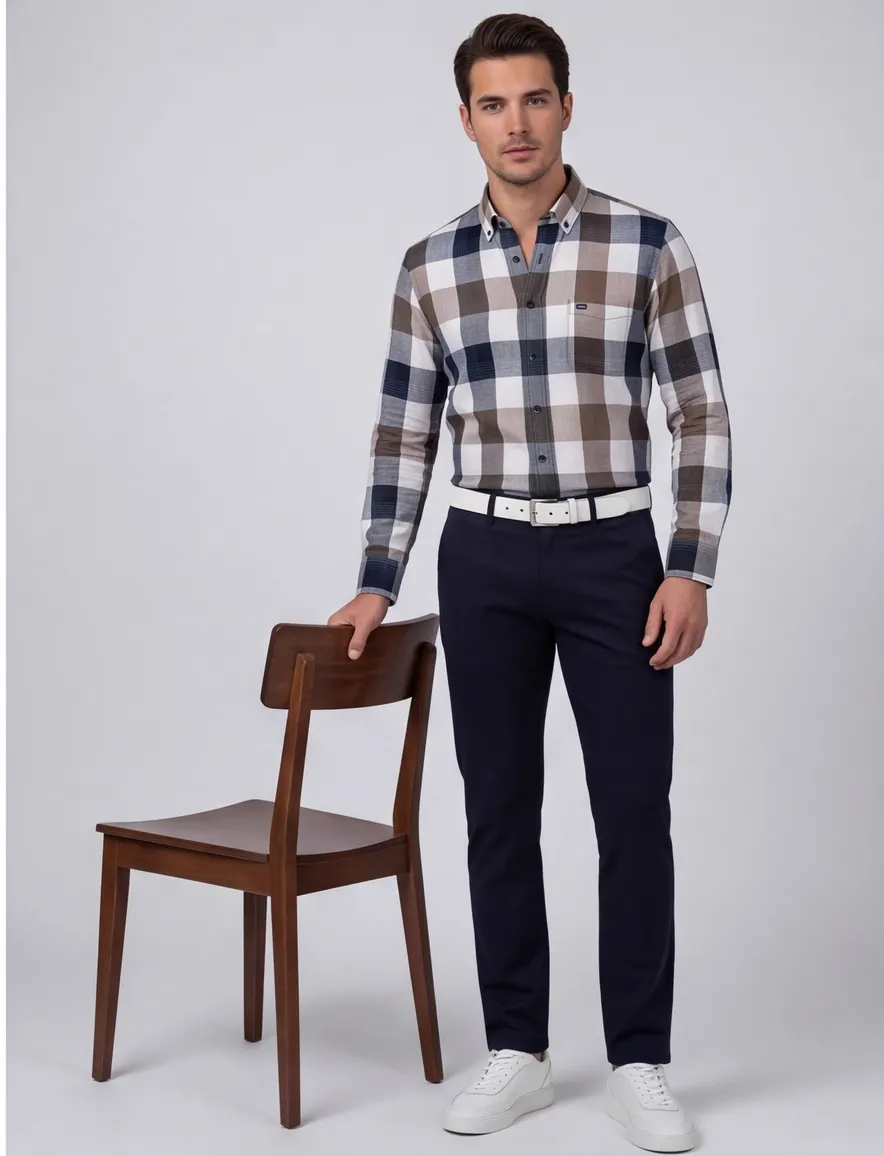 casual overhemd Giordano beige geruit katoen wijde fit