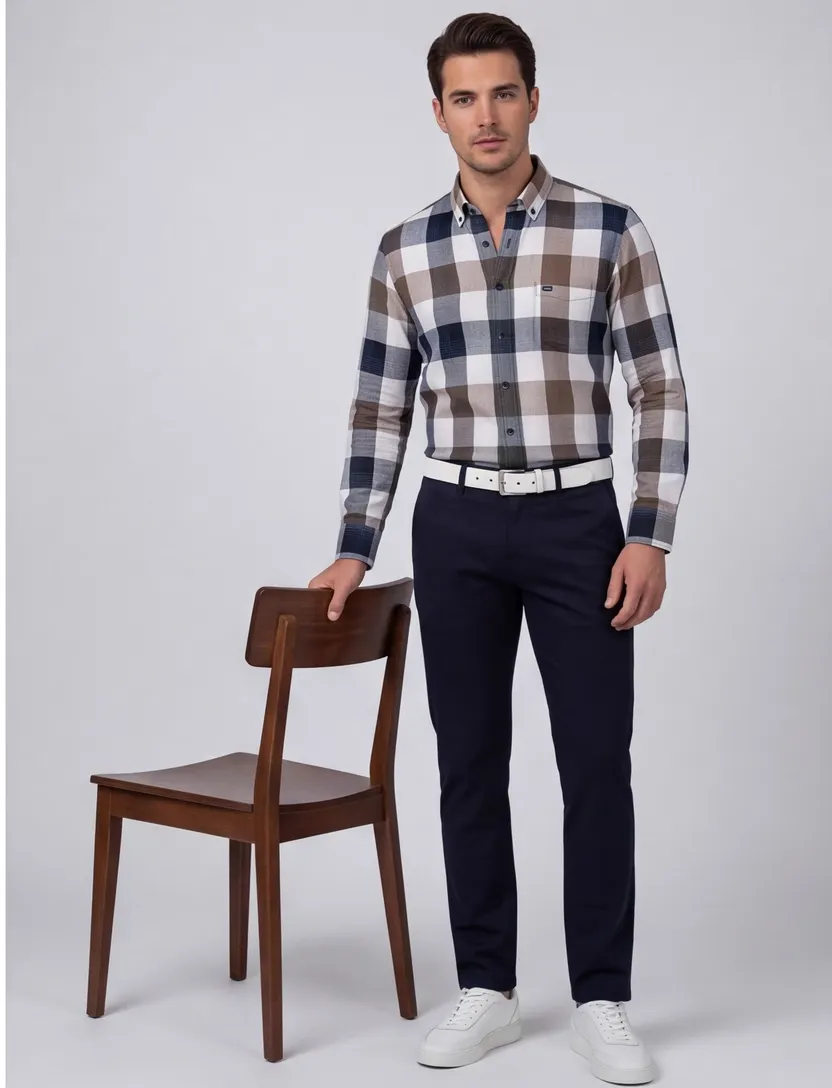 Giordano casual overhemd donkerblauw beige geruit katoen wijde fit