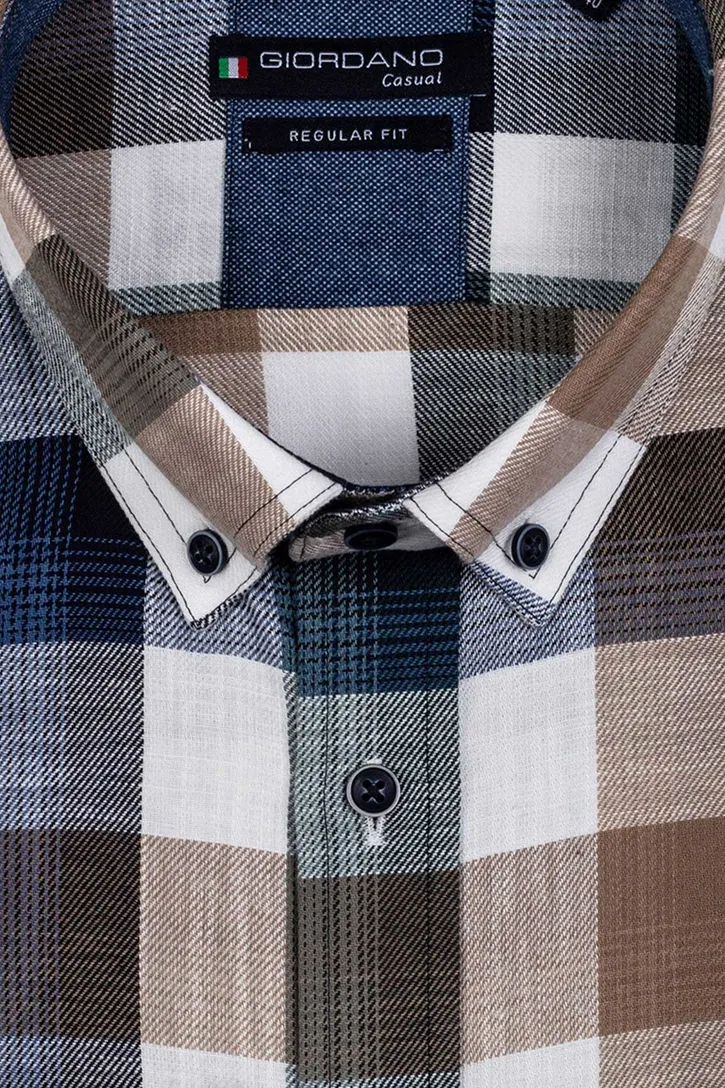Giordano casual overhemd donkerblauw beige geruit katoen wijde fit