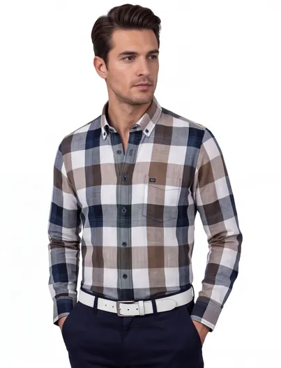 Giordano Giordano casual overhemd donkerblauw beige geruit katoen wijde fit