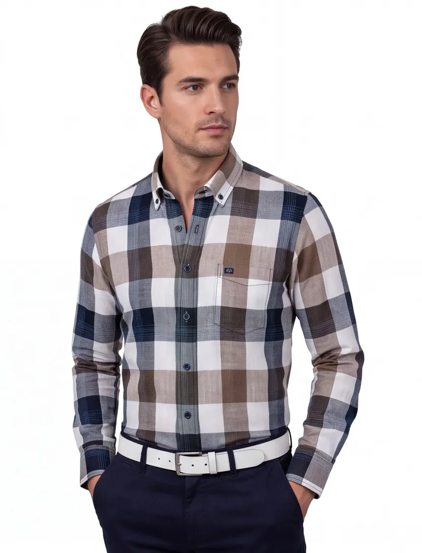 Giordano casual overhemd donkerblauw beige geruit katoen wijde fit