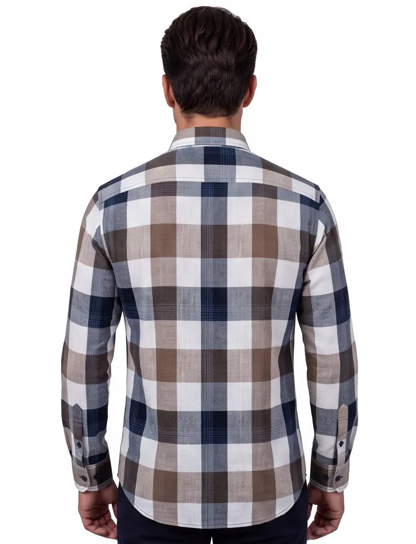 Giordano casual overhemd donkerblauw beige geruit katoen wijde fit