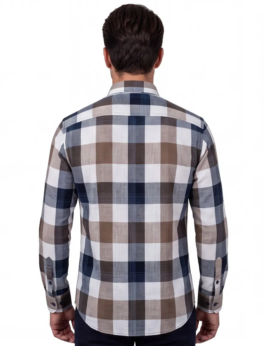 Giordano casual overhemd wijde fit beige navy geruit katoen