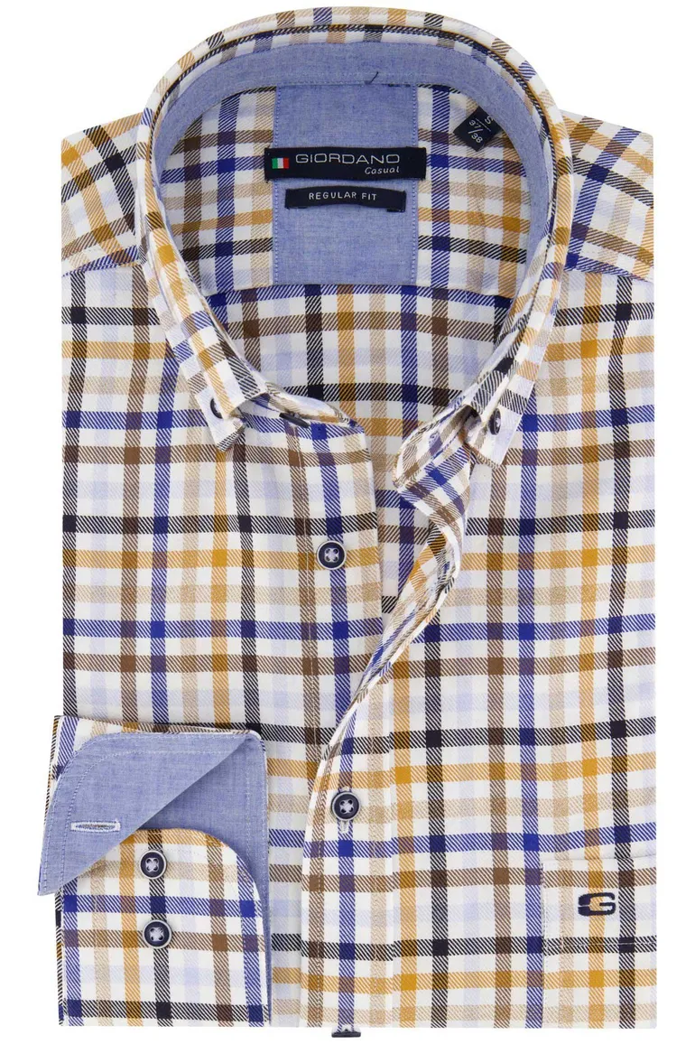 casual overhemd Giordano bruin geruit katoen wijde fit
