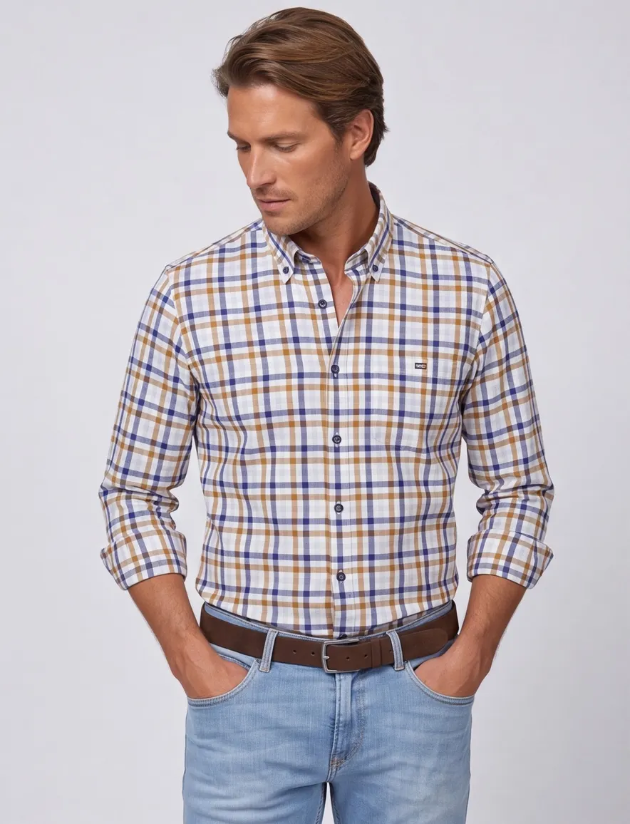 Giordano casual overhemd wijde fit bruin navy geruit katoen