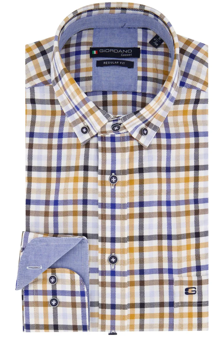 casual overhemd Giordano bruin geruit katoen wijde fit