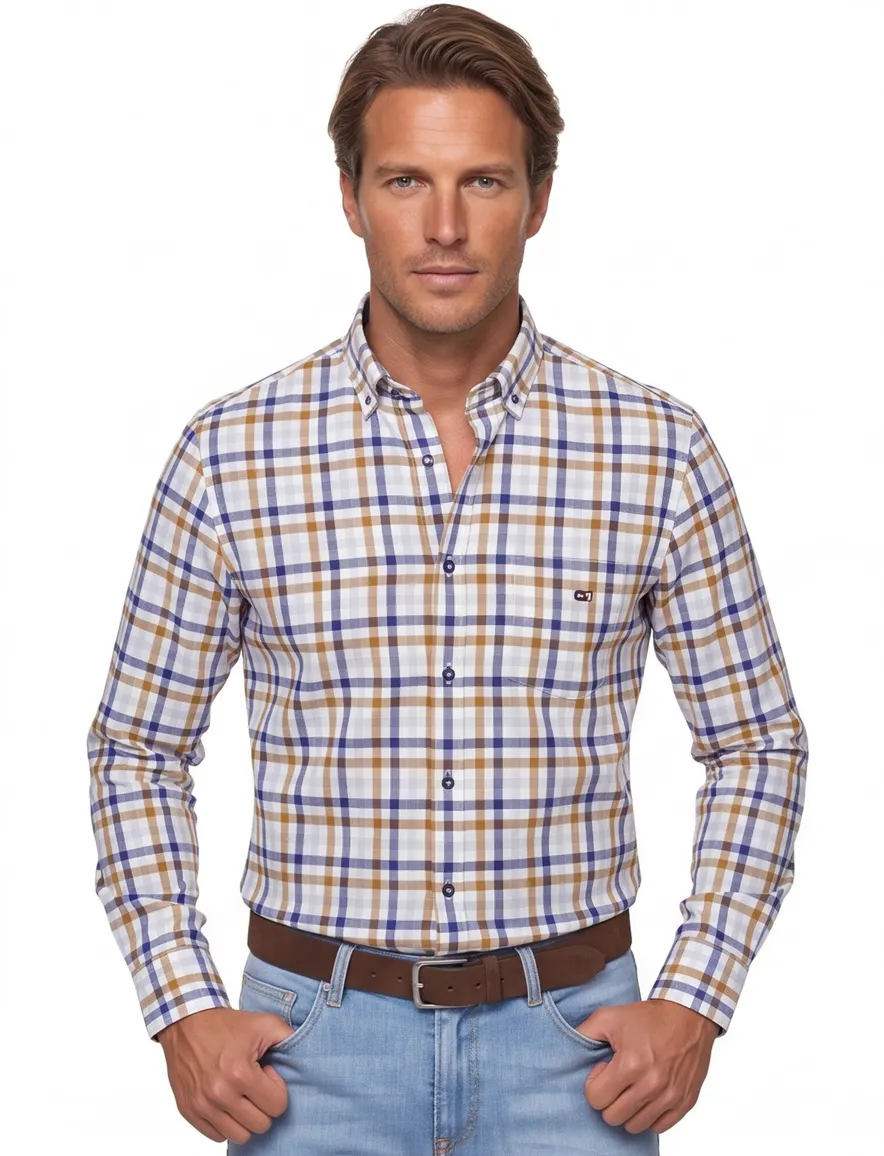 Giordano casual overhemd wijde fit bruin navy geruit katoen