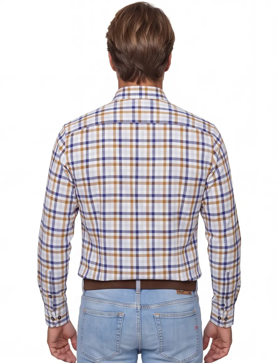 Giordano casual overhemd wijde fit bruin navy geruit katoen