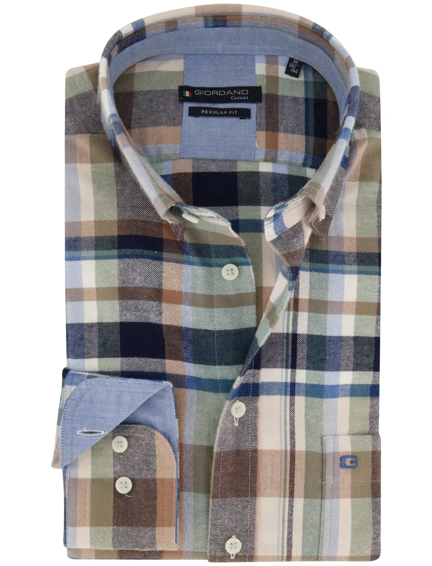 casual overhemd Giordano blauw geruit katoen wijde fit