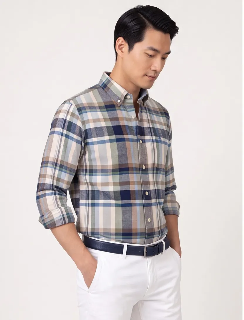 Blauw Giordano overhemd geruit 100% katoen wijde fit