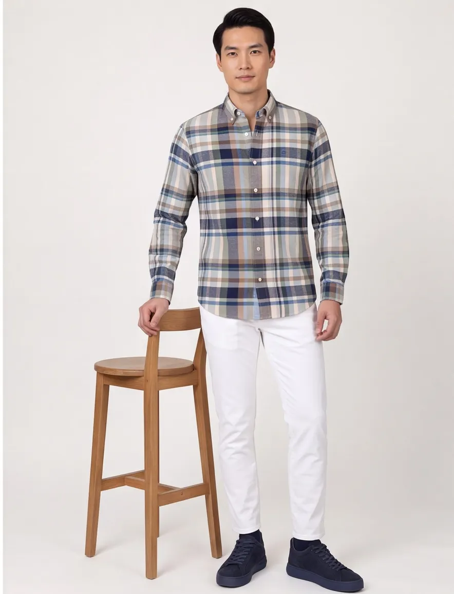 Giordano casual overhemd wijde fit blauw bruin en groen geruit