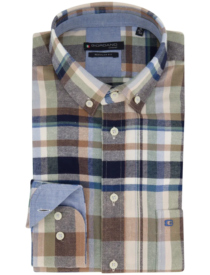 casual overhemd Giordano blauw geruit katoen wijde fit