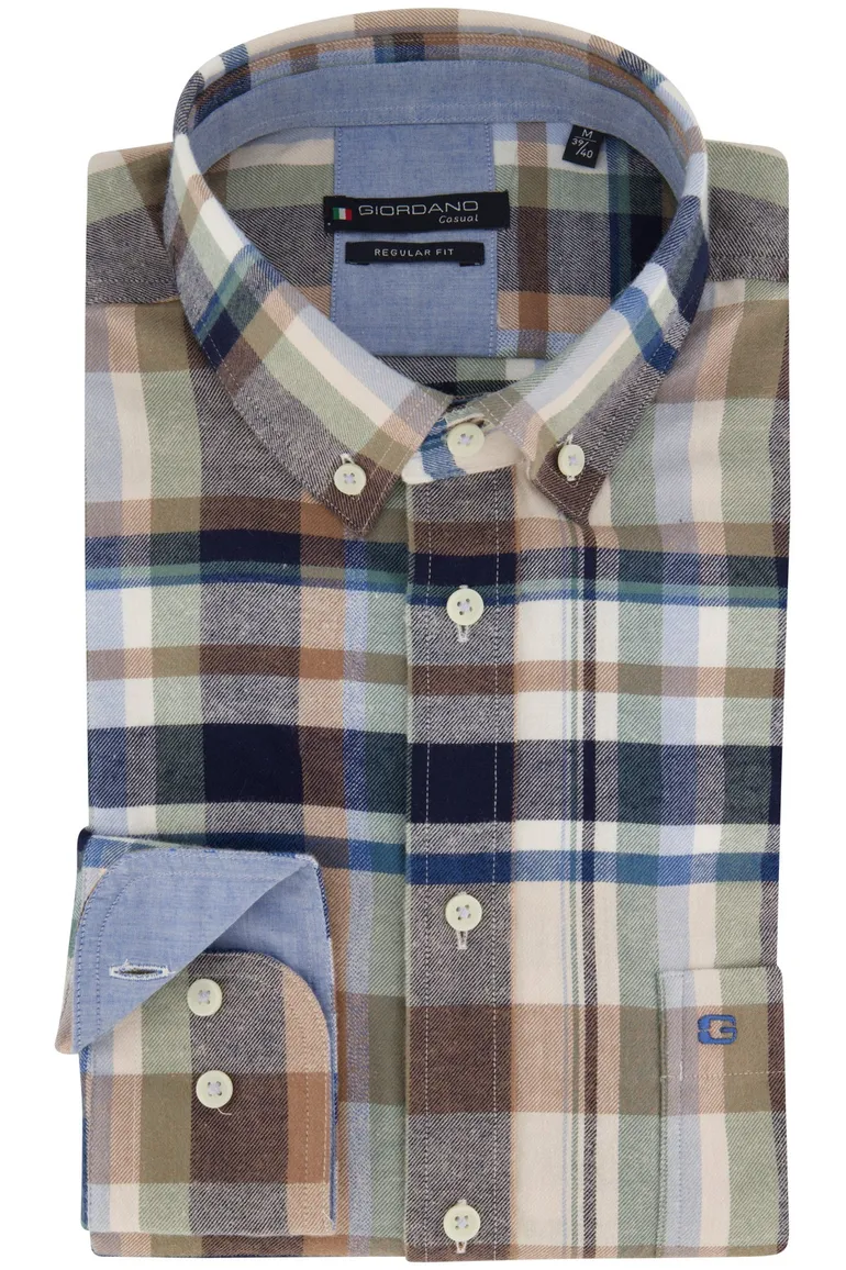 Giordano casual overhemd wijde fit blauw bruin en groen geruit