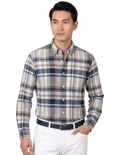 Giordano Giordano casual overhemd wijde fit blauw bruin en groen geruit