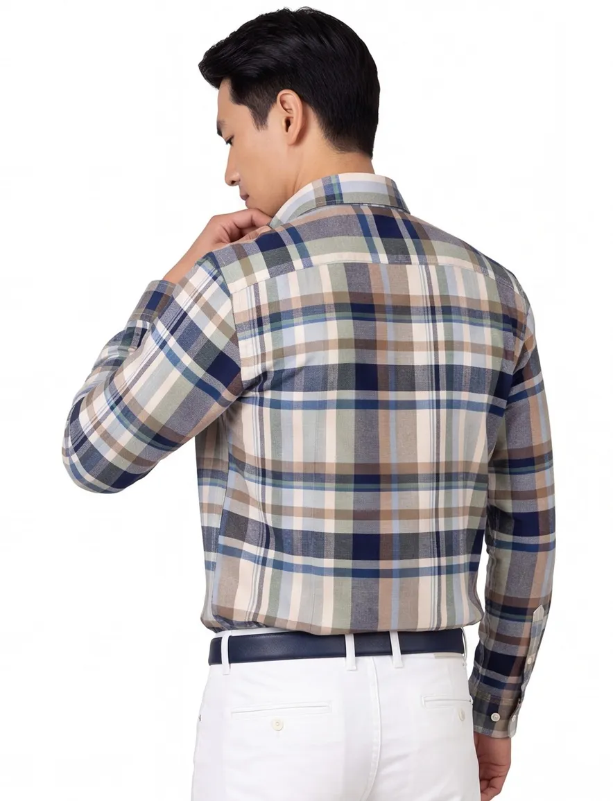 Giordano casual overhemd wijde fit blauw bruin en groen geruit
