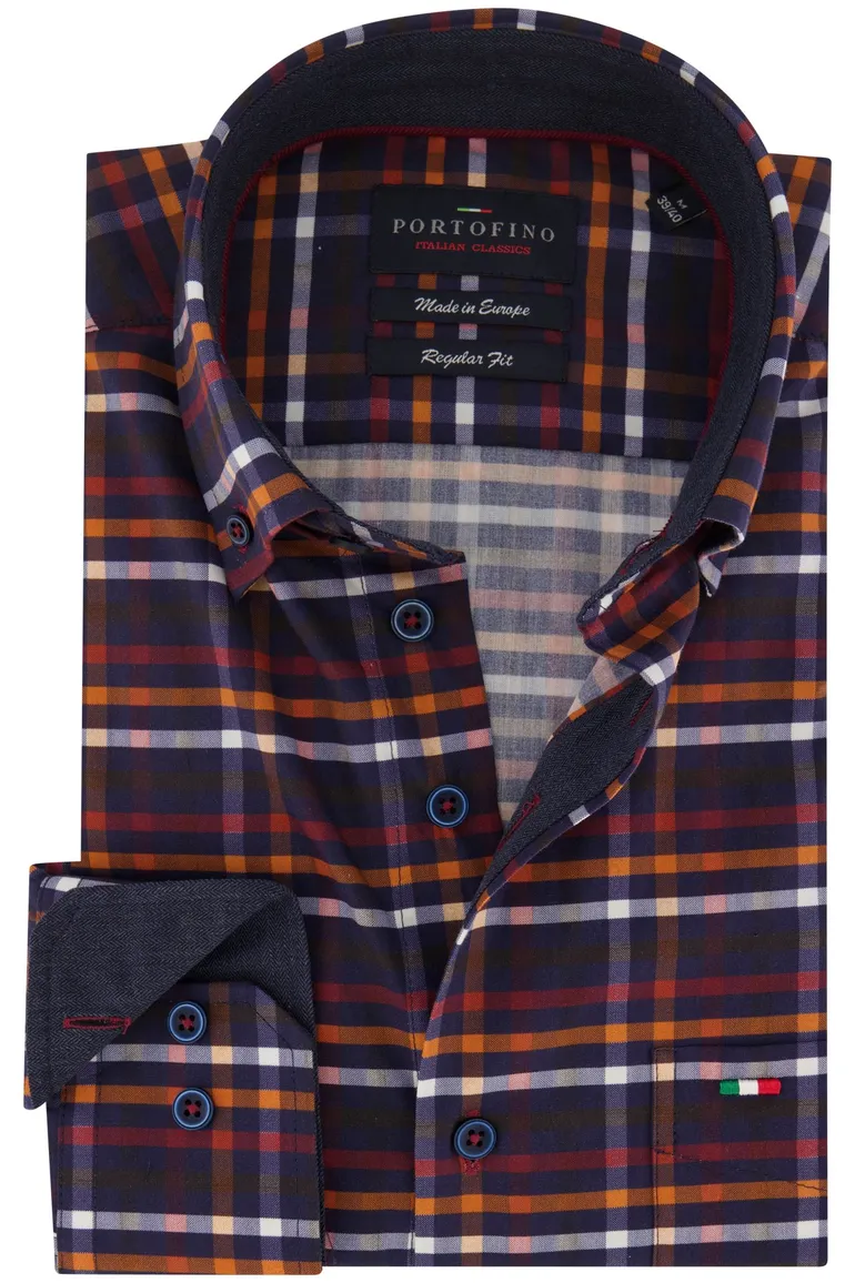 Portofino casual overhemd normale fit paars geruit katoen