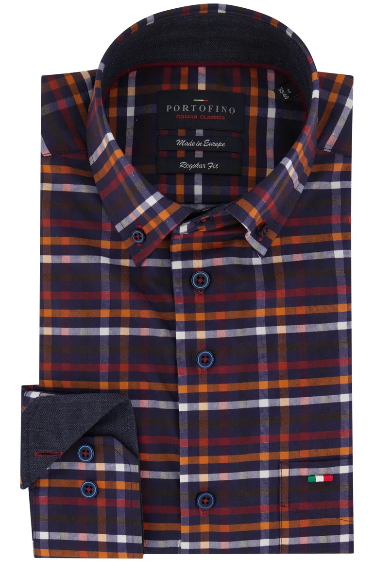 Portofino casual overhemd normale fit paars geruit katoen