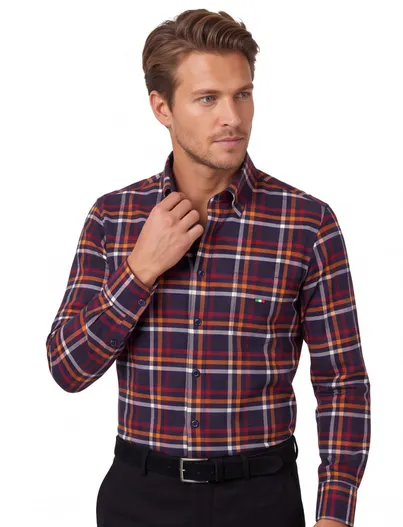 Portofino Portofino casual overhemd paars geruit katoen normale fit