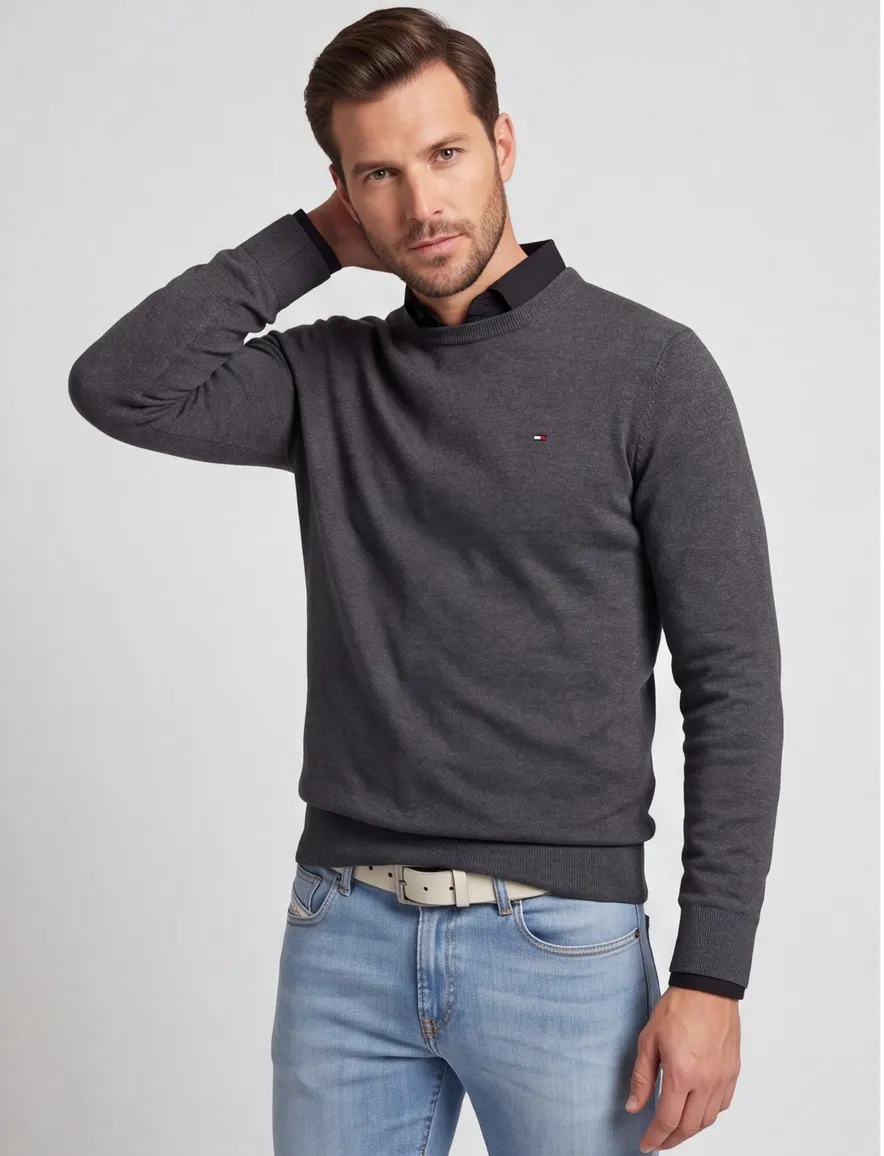 Tommy Hilfiger trui ronde hals grijs gemêleerd katoen