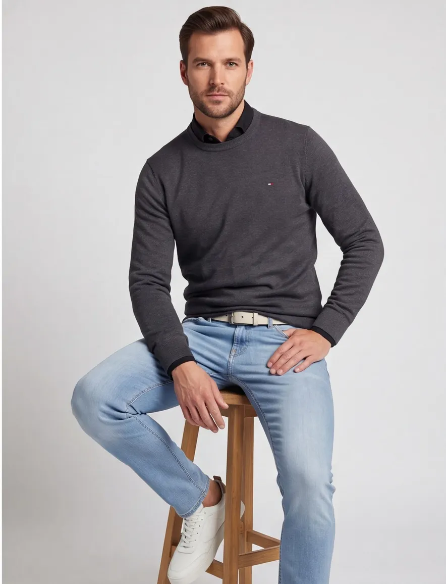 Tommy Hilfiger trui ronde hals grijs gemêleerd katoen