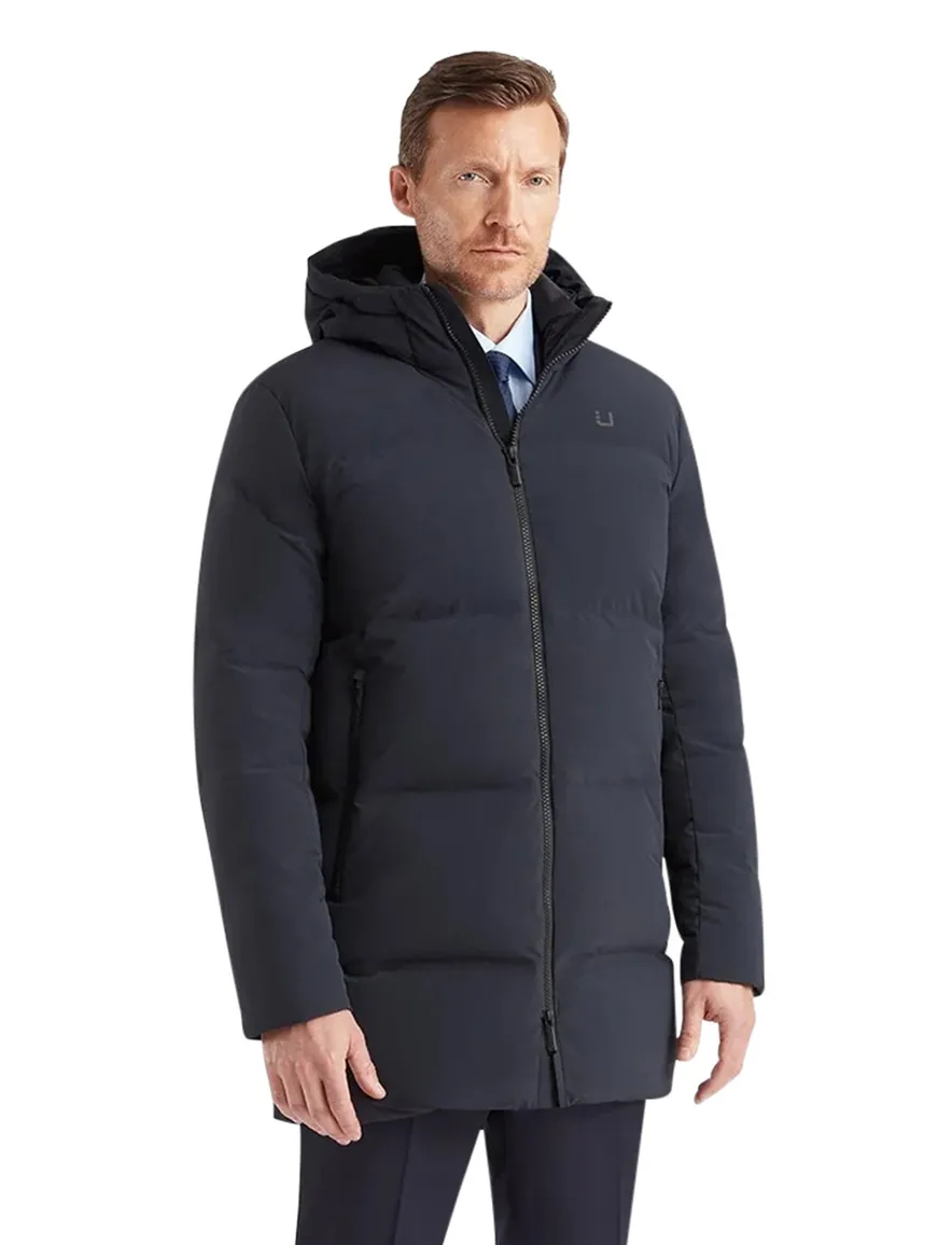 UBR winterjas halflang donkerblauw effen rits + knoop normale fit