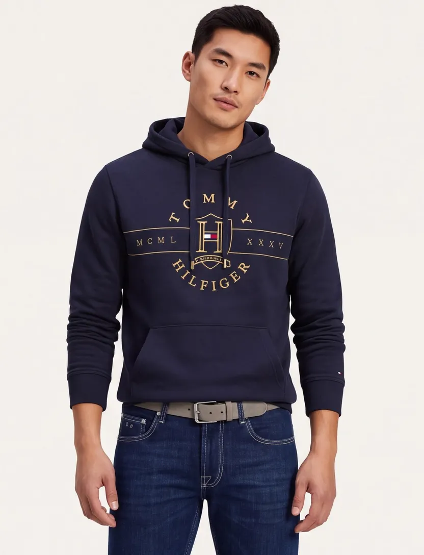 Tommy Hilfiger sweater hoodie donkerblauw opdruk katoen