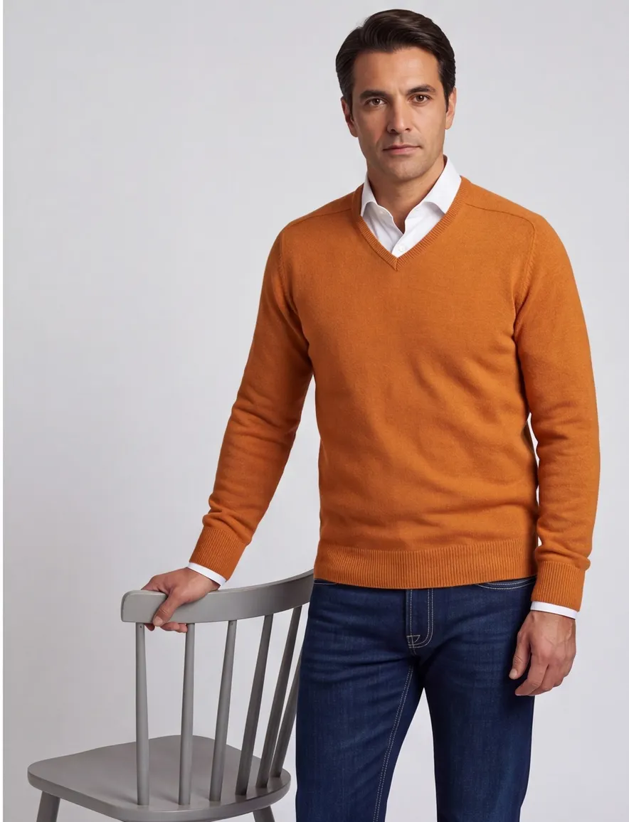 William Lockie trui v-hals oranje effen wol