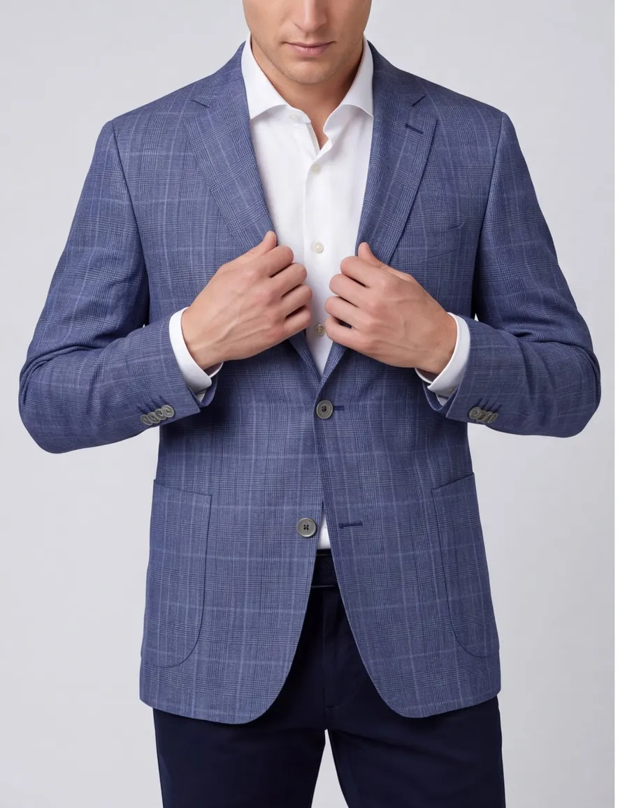 Blauw geruit linnen Dressler colbert normale fit herenmode