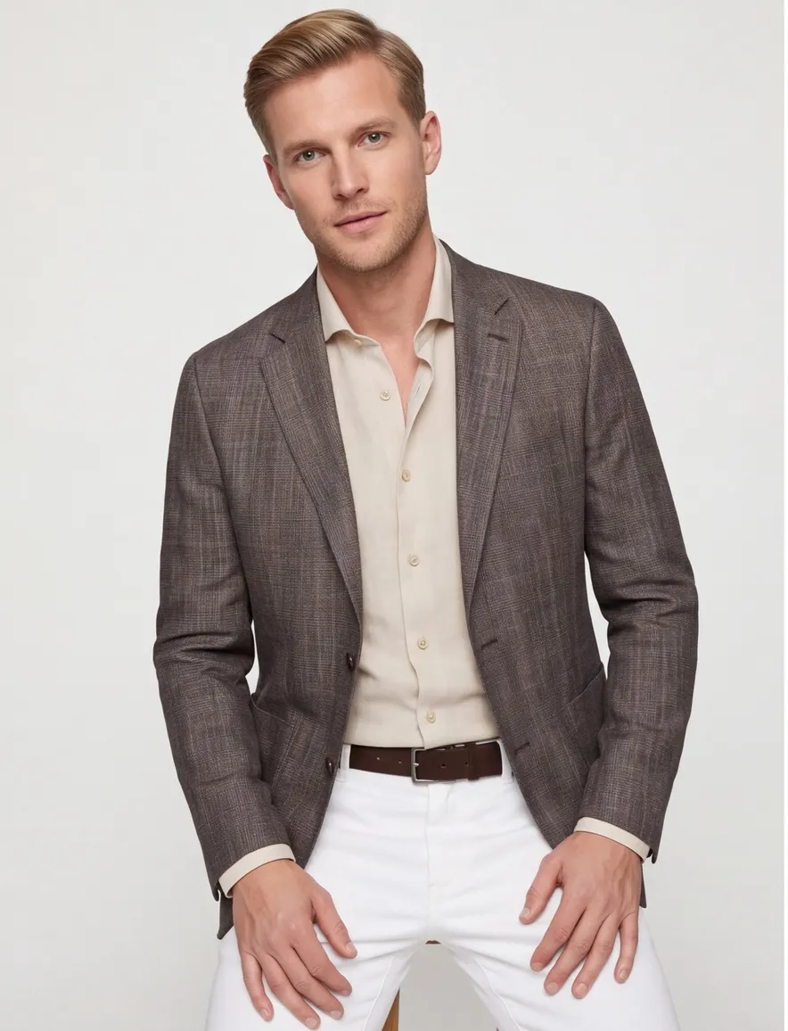 Dressler colbert beige geruit linnen, wol normale fit