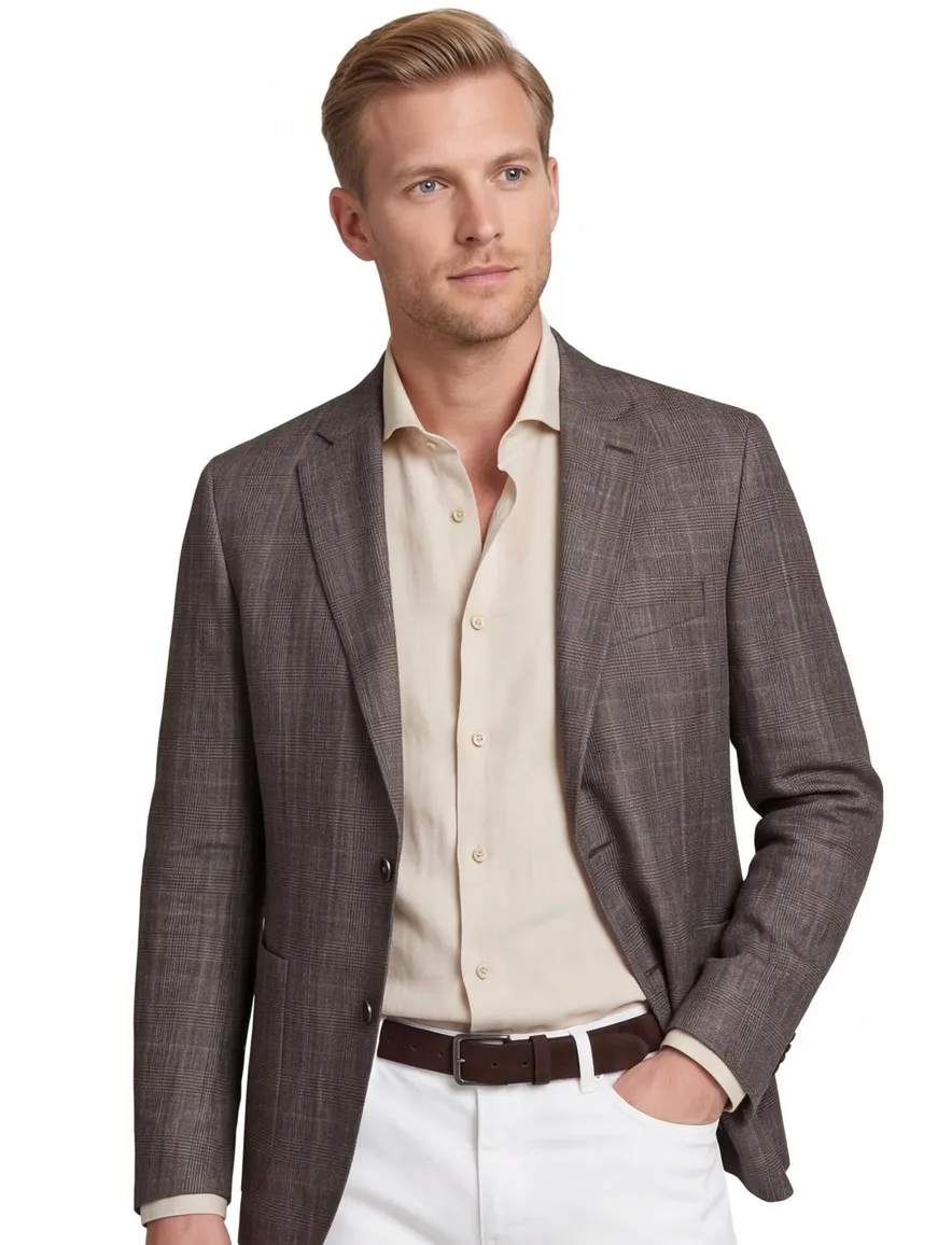 Dressler colbert beige geruit linnen, wol normale fit