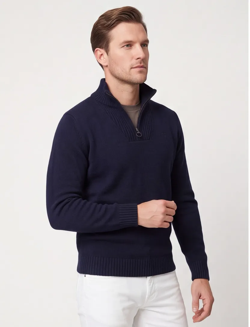 Barboor half zip donkerblauw wol gebreid