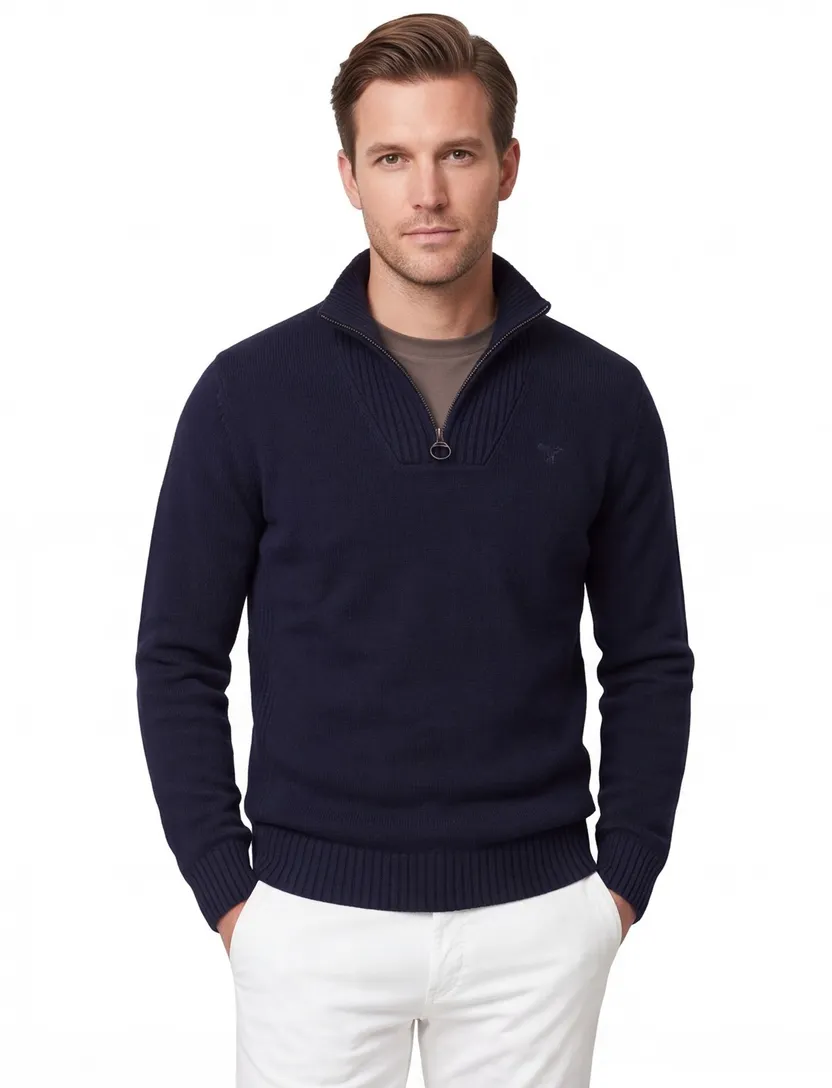 Barboor half zip donkerblauw wol gebreid