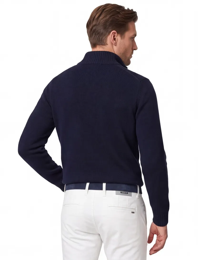 Barboor half zip donkerblauw wol gebreid