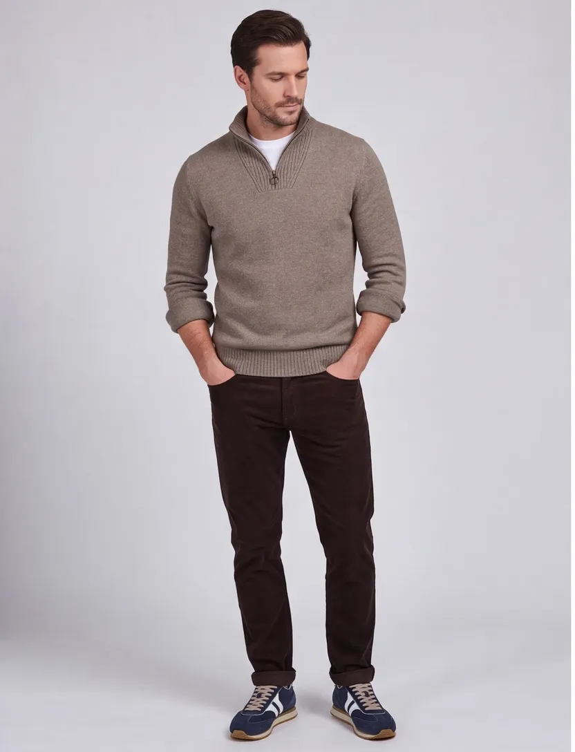 Barbour trui beige effen merinowol opstaande kraag