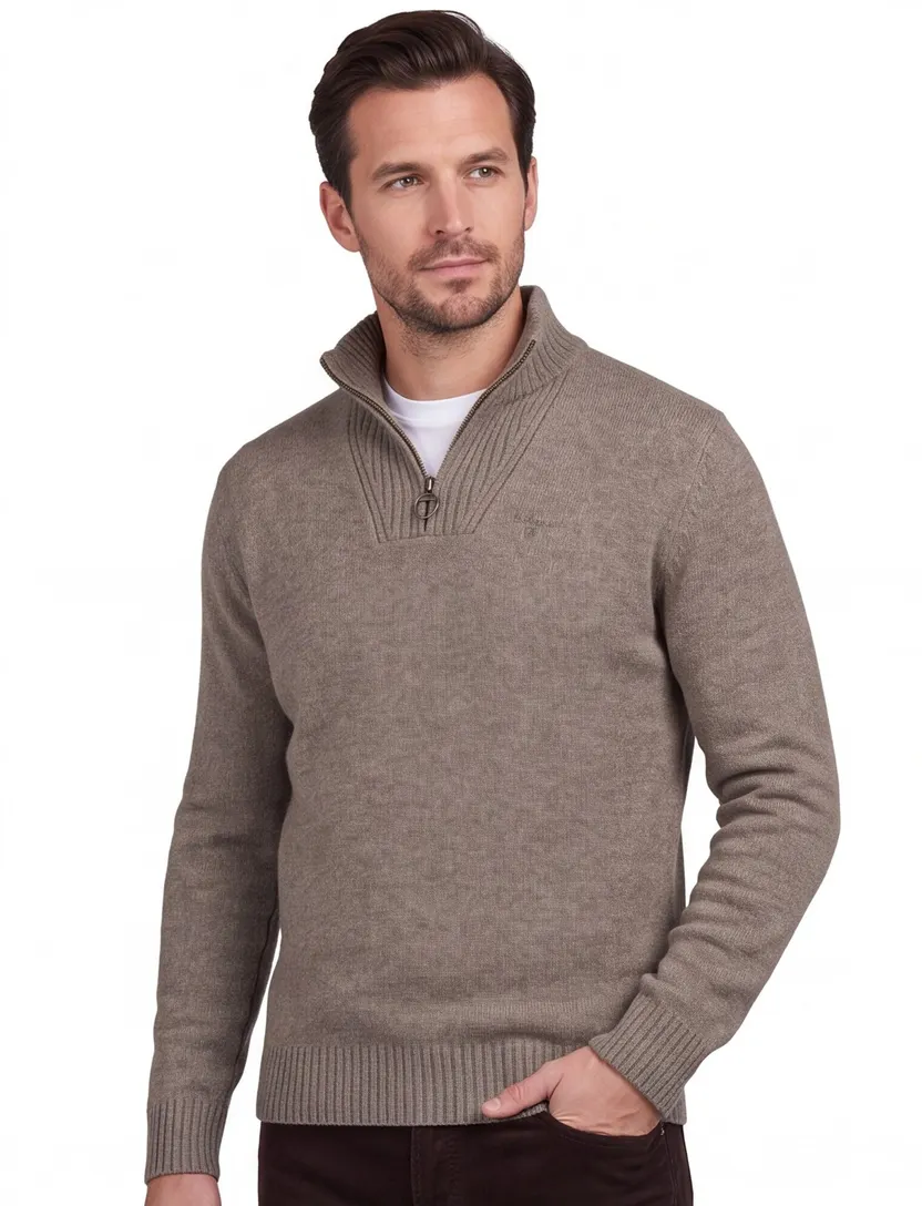 Barbour trui beige effen merinowol opstaande kraag