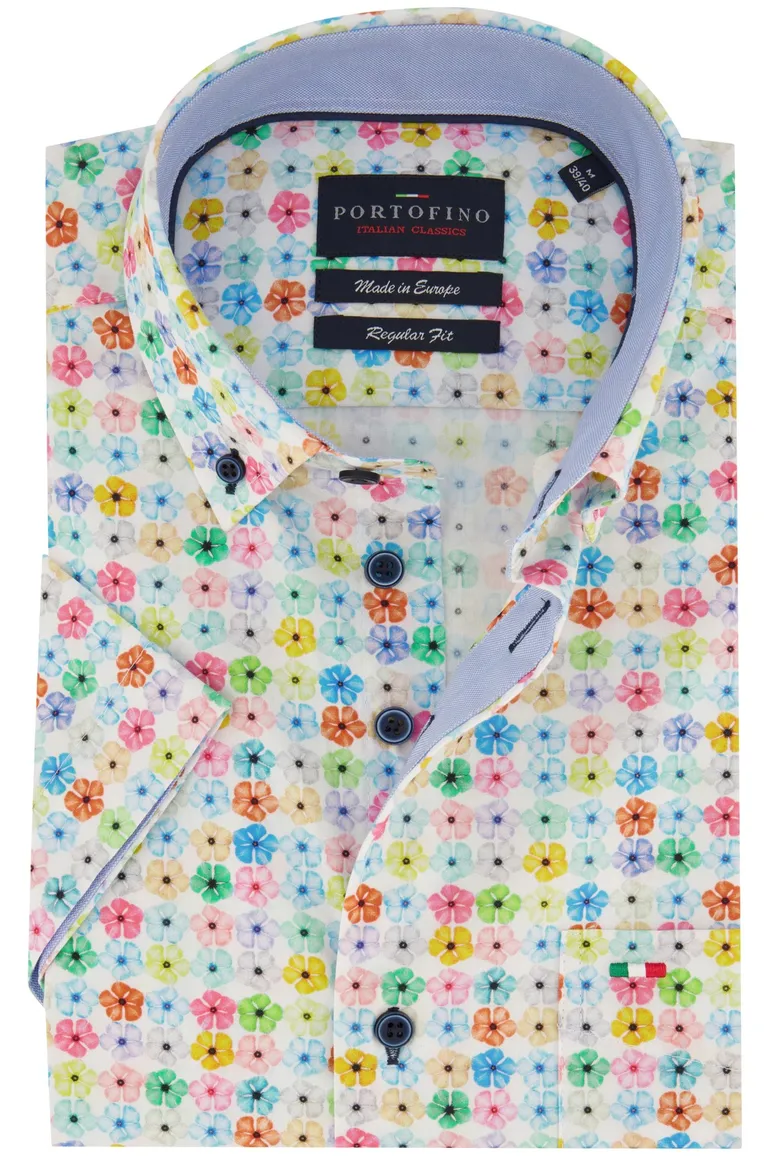 Portofino casual overhemd korte mouw normale fit wit geprint katoen