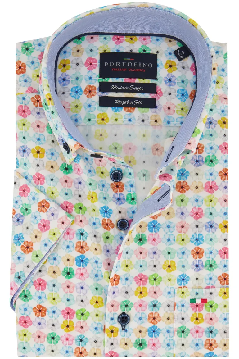 Portofino casual overhemd korte mouw normale fit wit geprint katoen