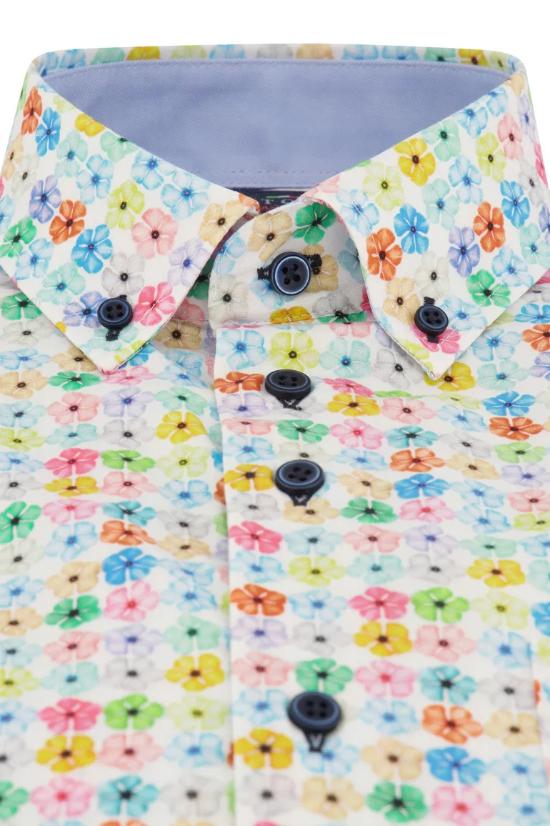 Portofino casual overhemd korte mouw normale fit wit geprint katoen